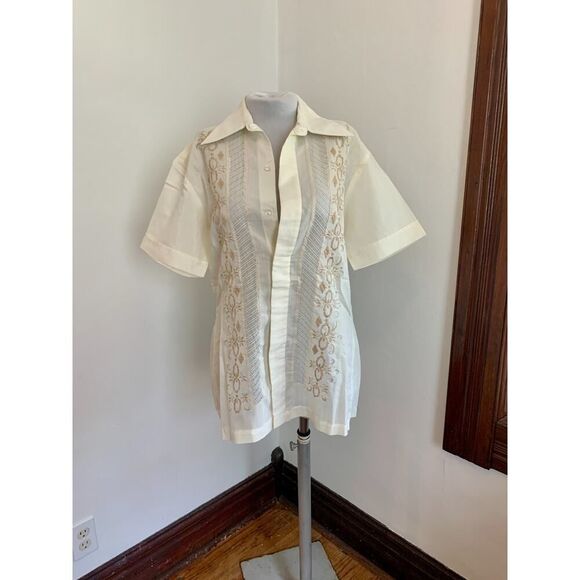 VTG Barong Tagalog Shirt Men’s SMALL Filipino Embroidered Ivory Button Shirt - Picture 1 of 12